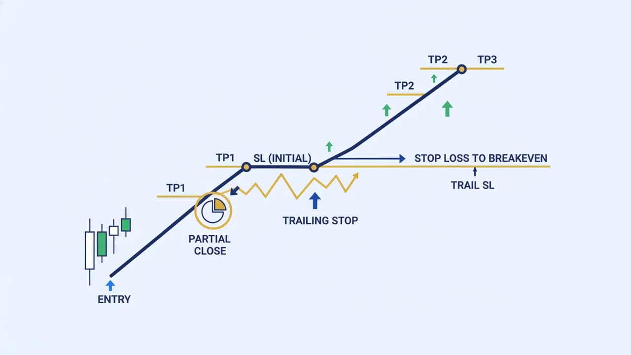 Partial close, breakeven, and trailing stop on one trade